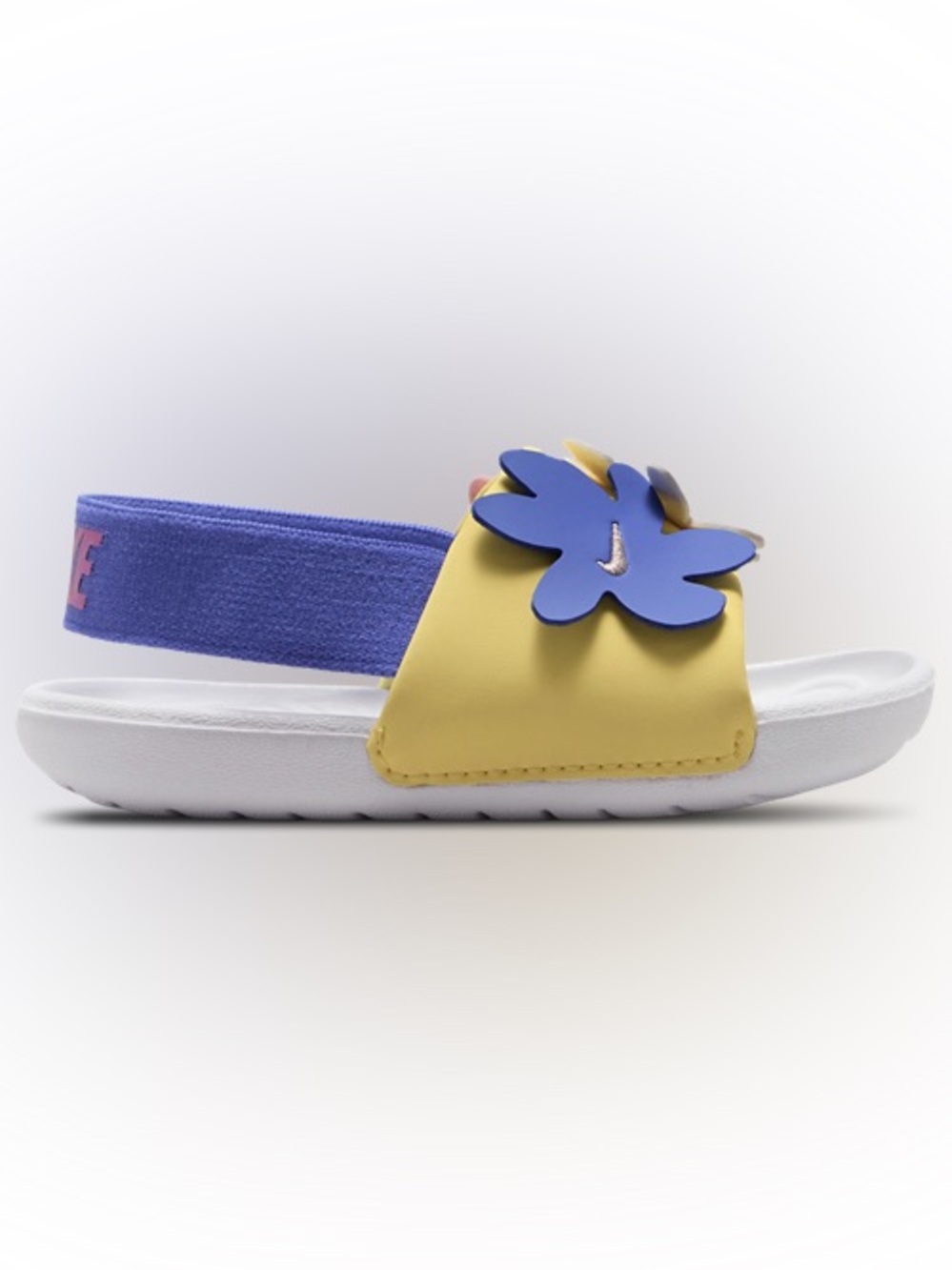 Nike Kids Yellow ‘Kawa’ Slide Sandals with Blue and Pink Flower Accent